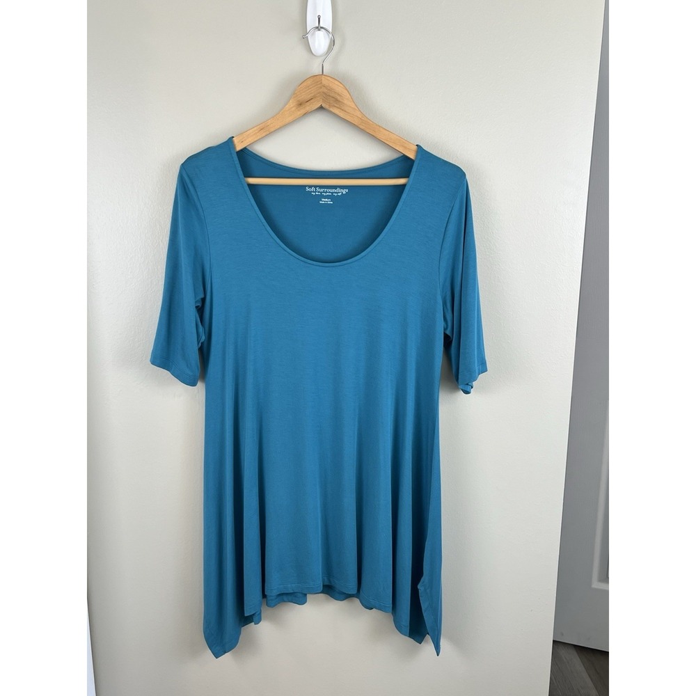 Soft Surroundings Women's Timely Top Mosaic Blue‎ Sz Medium Short Sleeve Stretch
